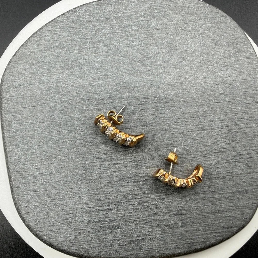 Gold Tone Crystal Curved Bar Stud Earrings Sparkly Statement Minimalist Gift